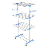 Varal 3 Andares Roupa Aço 4 Rodas Dobrável Reforçado Azul