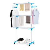 Varal De Chão 3 Andares Dobrável Retrátil Aço Com 4 Rodas Azul Resistente Roupas Fácil Montagem Mm House 14u udm 0051