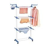 Varal De Chão Grande 3 Andares Dobrável Portátil Aço Inox Premium Reforçado Cor Branco Azul Suporte Para Cabides Aguenta Até 40 KG Possuí 4 Rodinhas Varal De Roupas 3 Andares ZUMO