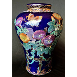 Vaso Azul Esmaltado Floral Alto Relevo Em Porcelana Chinesa