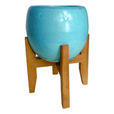Vaso Cachepot De Mesa 15cm Porcelana Com Tripé De Madeira Cor Tiffany
