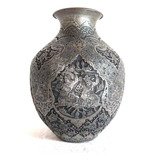 Vaso De Cobre Iraniano Banho Prata Entalhado Mão Vaso Metal