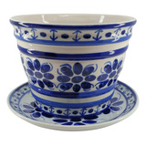 Vaso E Prato Em Porcelana Azul Colonial 17 Cm com Furo 