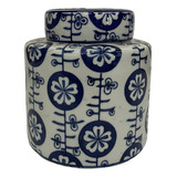 Vaso Porcelana C/ Tampa Potiche Branco Azul Porta Objetos