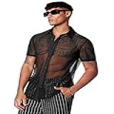 Verdusa Camisa Masculina De Malha Transparente Com Botões E Manga Curta Preto P