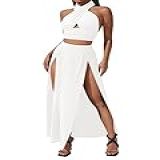 Verdusa Conjunto Feminino De 2 Peças Com Top Cruzado E Saia Maxi Dividida Branco Liso X Small