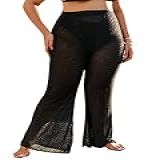 Verdusa Saída De Praia Feminina Plus Size Transparente Calça Solta Calcinha De Biquíni Zebra Listrada Preta 3G Plus Size