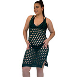 Vestido Alça Moda Praia Saída De Praia Curta Crochê Tricô