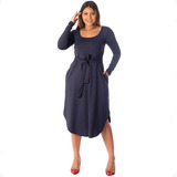Vestido Amplo Azul Mídi Ficalinda Manga Longa Decote Redondo