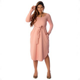 Vestido Amplo Nude Mídi Manga Longa Decote Redondo