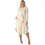 Vestido Amplo Palha Mídi Ficalinda Manga Longa Decote Canoa