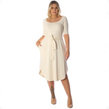 Vestido Amplo Palha Mídi Ficalinda Meia Manga Decote Redondo