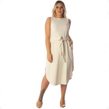 Vestido Amplo Palha Mídi Ficalinda Regata Decote Canoa