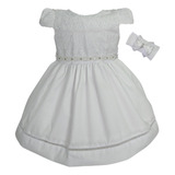 Vestido Bebe Batizado Branco Com Tiara P M G Gg