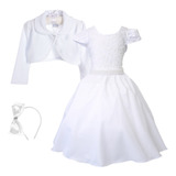 Vestido Branco Infantil Dama Batizado Comunhão Bolero Tiara