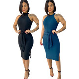 Vestido Canelado Midi Cintura