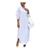 Vestido Chemise Longo Manga Longa Liso Casual Solto 154q