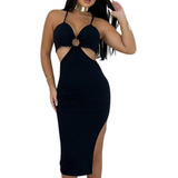 Vestido Com Decote Longo Canelado Moda Gringa Recortelateral