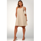 Vestido Curto Básico Verão Soltinho Linho Regata Com Bolsos