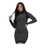 Vestido Curto Feminino Pedraria Gola Alta Manga Longa Brilho