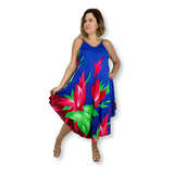 Vestido Curto Trapézio Estampado Tulipa Alça Indiano Viscose