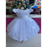 Vestido De Batizado Branco Aplique Borboletas Luxo   P m g