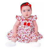 Vestido De Bebê Vermelho Ursinho Lacinho Tiara 100 Algodão