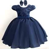 Vestido De Festa Infantil De Luxo Azul Escuro Lindo E Tiara