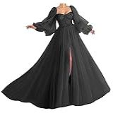 Vestido De Formatura De Tule Com Manga Bufante Gola Redonda Evasê Formal Vestido De Noite Com Fenda X11 Preto 58