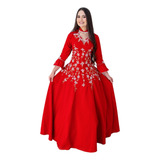 Vestido De Prenda Gaúcha Bordado Vermelho Oxfordine