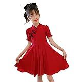Vestido De Princesa Para Meninas E Crianças Manga Curta Com Retalhos Cor Lisa Cheongsam Chinês Cheongsam Vermelho 12 15 Years