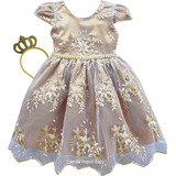 Vestido Dourado Puro Luxo Casamento Festa Infantil Com Tiara