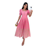 Vestido Em Lese Midi Bordado Algodão Manga Princesa Forrado