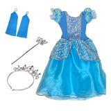 Vestido Fantasia Infantil Cinderela Coroa + Luvas + Varinha