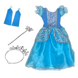 Vestido Fantasia Infantil Frozen Coroa Véu Luvas Varinha Elz