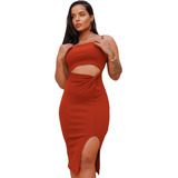 Vestido Feminino Anarruga Canelado Alcinha Fina Com Fenda