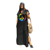 Vestido Feminino Com Fenda E Estampa Paz E Amor Estilo Livre