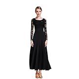 Vestido Feminino De Dança De Salão Com Manga De Renda Saia Rodada Longa Competição Profissional Moderno Vestido Valsa Cha Cha Preto P