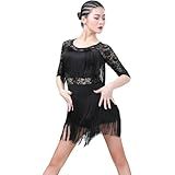 Vestido Feminino De Dança Latina De Salão Com Franjas Renda Gola Redonda Meia Manga Vestido De Salsa Tango Com Shorts Preto Grande Preto G