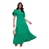 Vestido Feminino Longo Manga Curta Cinto Forrado Evangelica