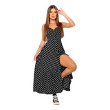 Vestido Feminino Longo Soltinho Viscose Poa Bolinha Alcinha