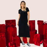 Vestido Feminino Malha De Viscose Midi Com Mangas