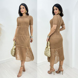 Vestido Feminino Manga Curta Midi Rendado Tricô Com Forro
