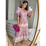 Vestido Feminino Midi Laise Algodão Bordado Manga Princesa