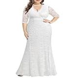 Vestido Feminino Plus Size Para Casamento Formatura Festa Madrinha Floral Renda Longo Decote Em V Sereia Branco 2 25 Plus Size