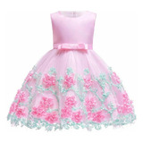 Vestido Festa Infantil Menina Rosa Flores Tam 6 9 Meses
