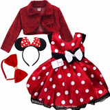 Vestido Festa Infantil Minnie Vermelha Com Bolero E 2 Tiaras