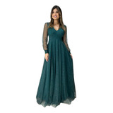 Vestido Festa Manga Longa Tule Cristal Brilho Fluido Estilo