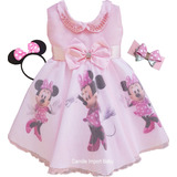 Vestido Festa Minnie Rosa Fashion Infantil Frete Gratis