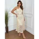 Vestido Flor Trico Feminino Midi Com Forro Tricot Croche